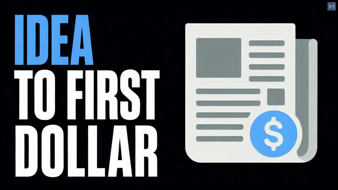A flat news-product illustration beside the words Idea to First Dollar