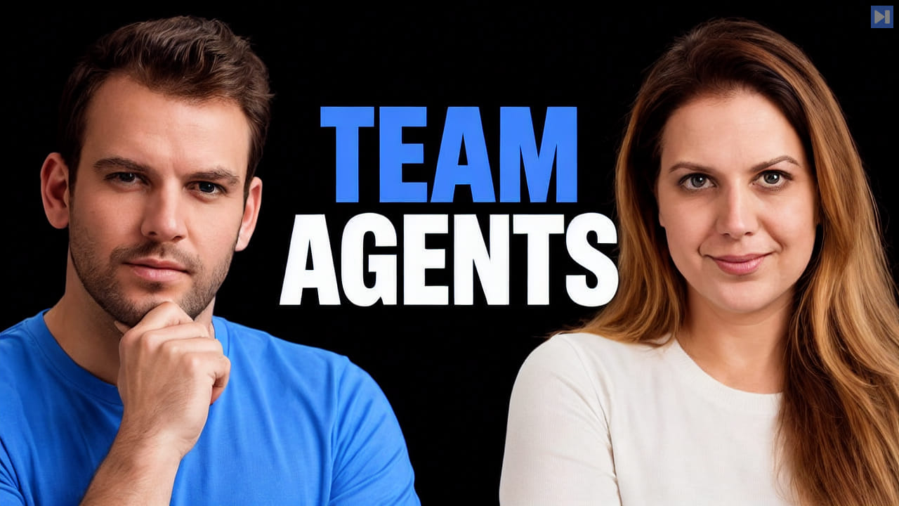 Nathaniel Whittemore in blue with one hand touching his chin and Nufar Gaspar in white flank the blue-and-white headline “TEAM AGENTS” on black.