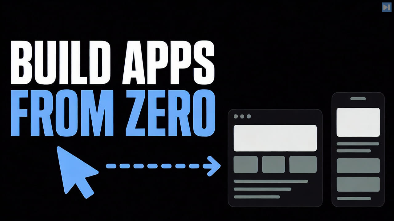 The words Build Apps From Zero beside a flat cursor arrow and web and mobile app cards