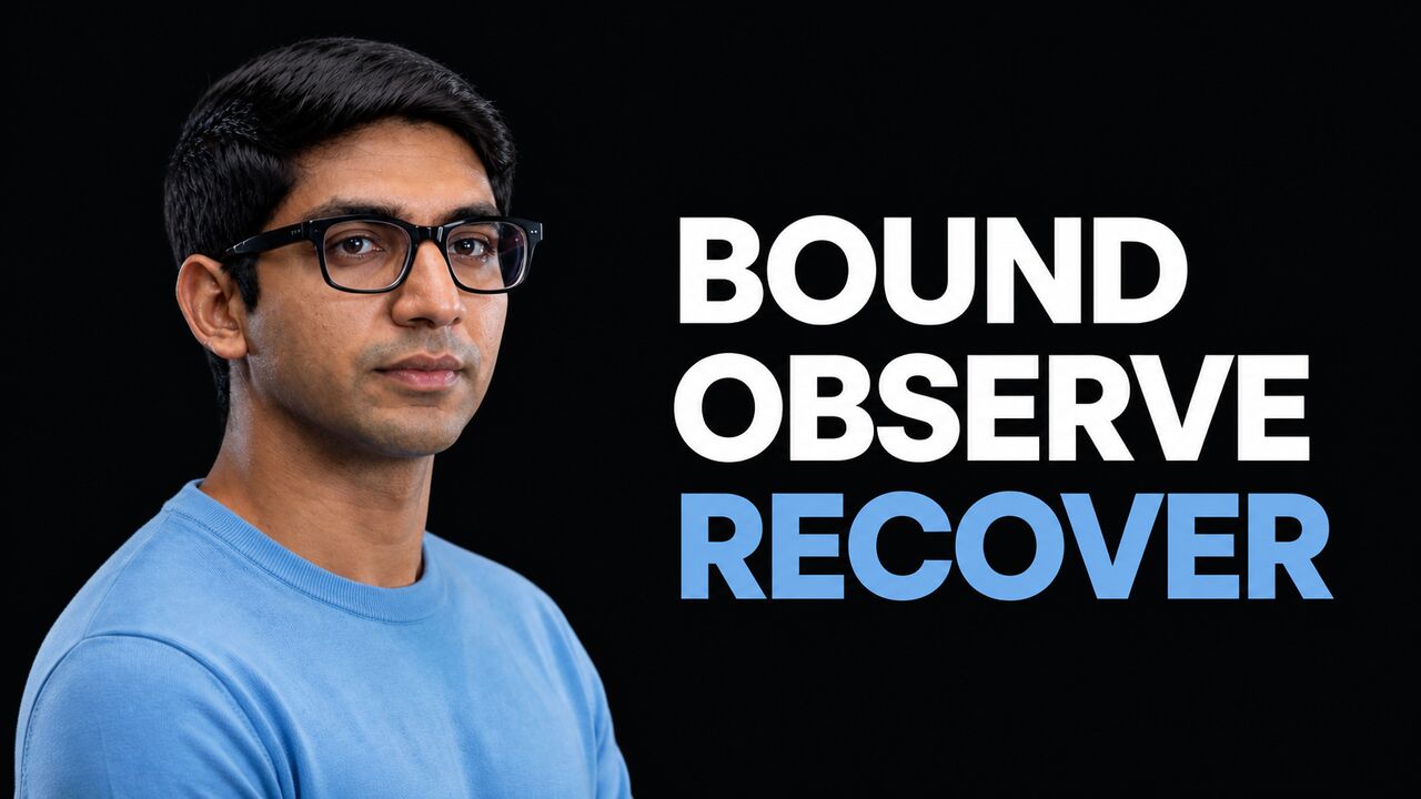Salman Munaf beside the headline Bound Observe Recover in true white and attention blue