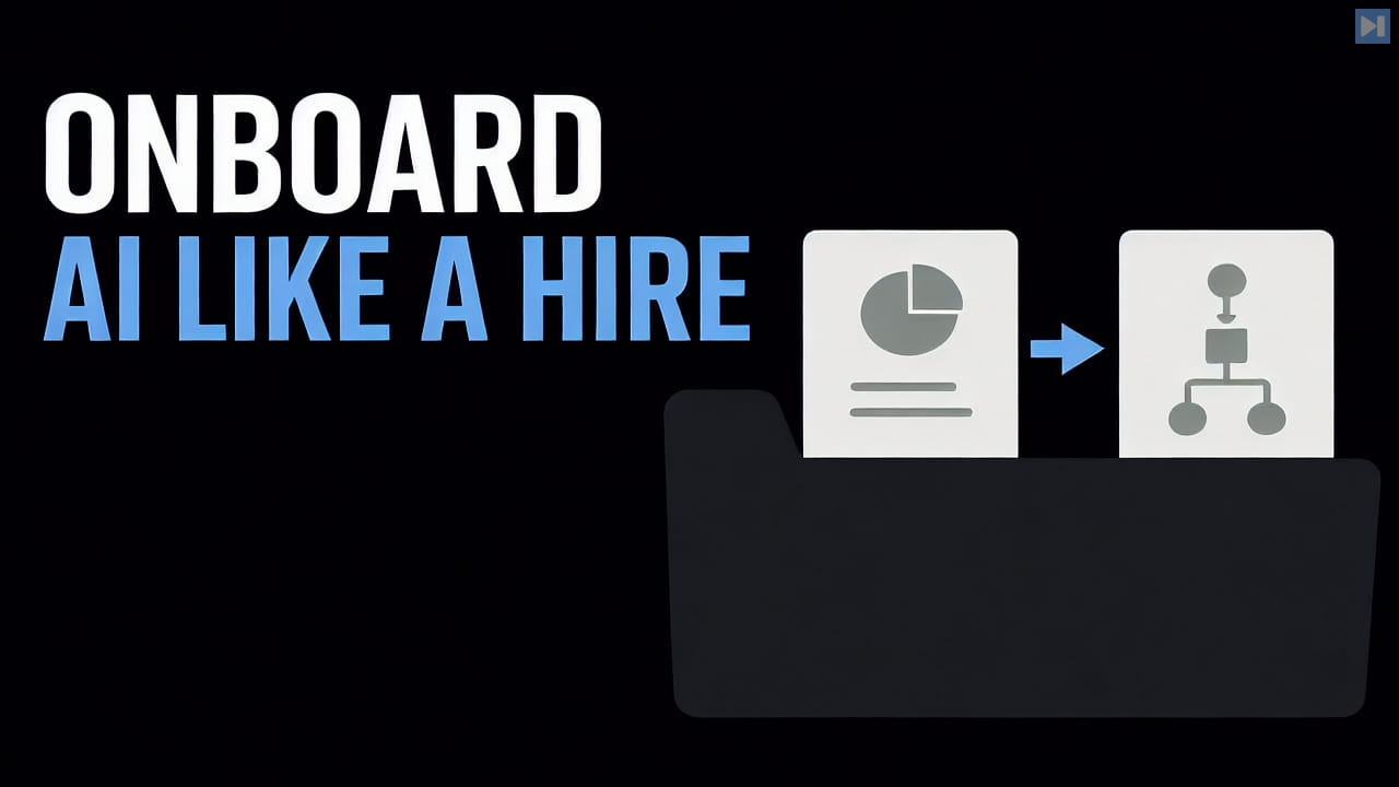 The words Onboard AI Like a Hire beside a flat folder containing business and workflow cards