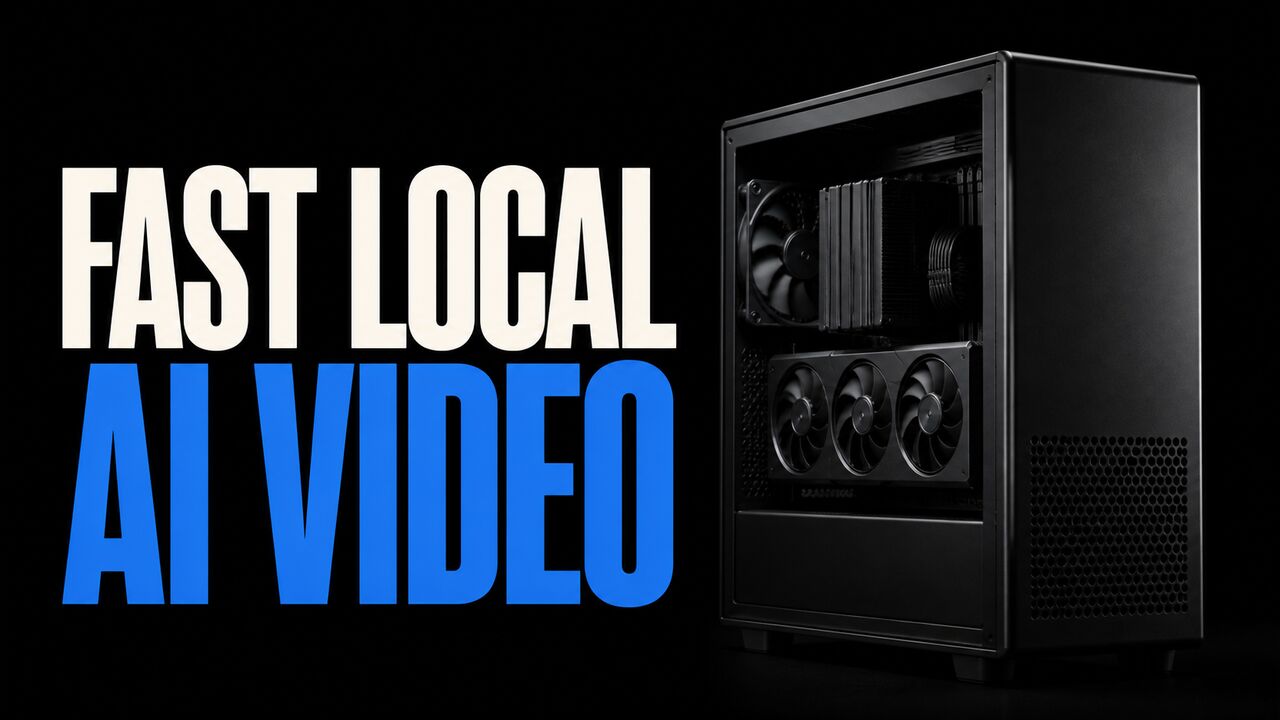 The words Fast Local AI Video beside a compact local rendering workstation