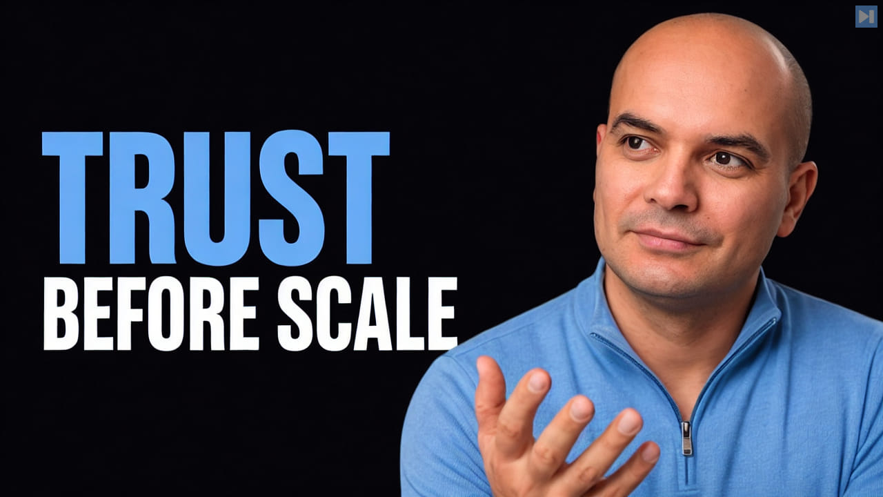 Sait Izmit beside the headline Trust Before Scale in attention blue and true white