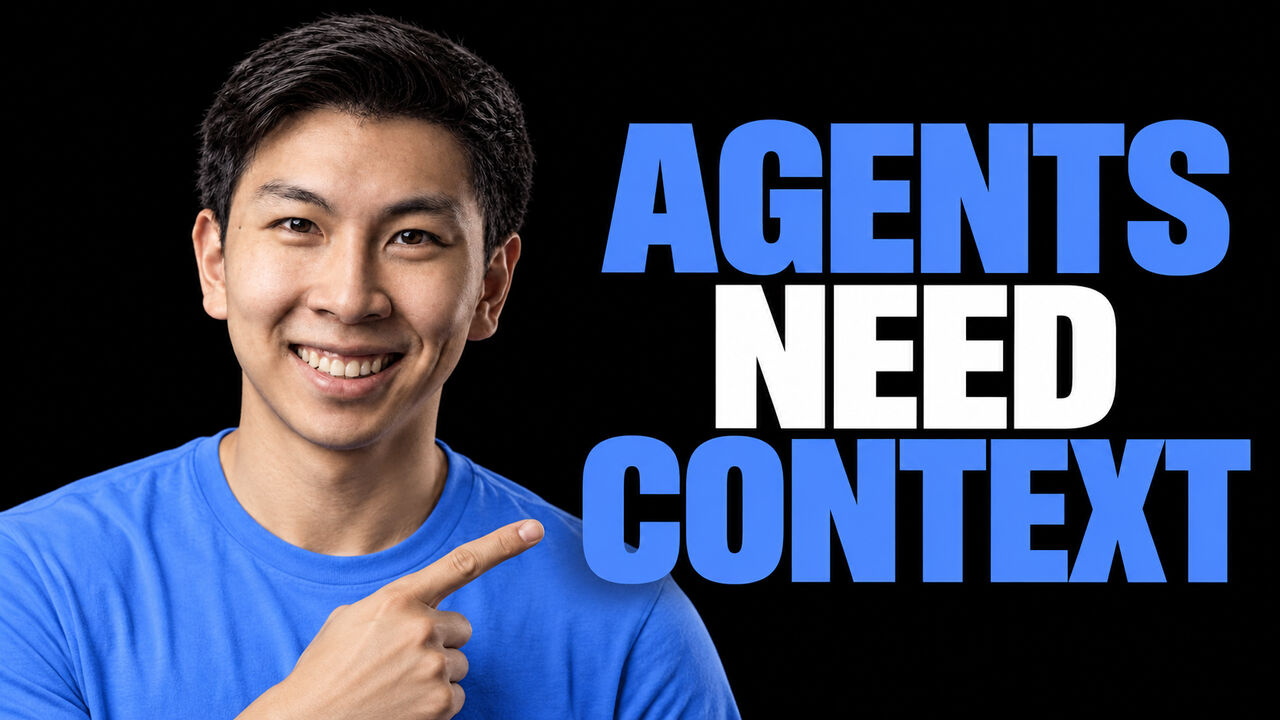 Andrew Qu in a light attention-blue T-shirt on a black background beside the headline “AGENTS NEED CONTEXT”.