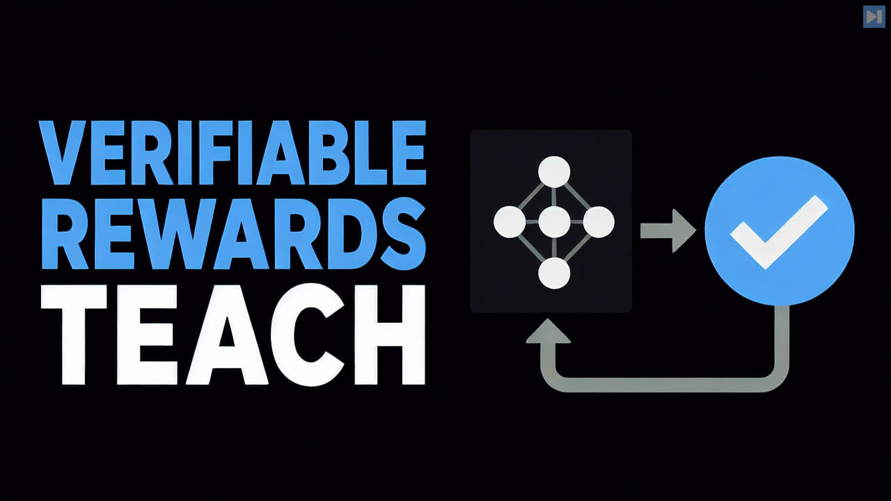 The headline Verifiable Rewards Teach in attention blue and true white beside a flat model and verification learning loop