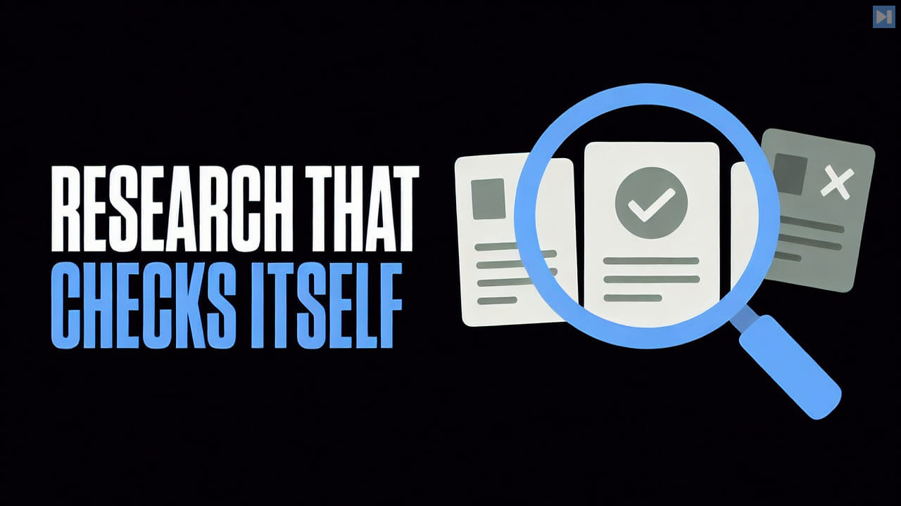 Research That Checks Itself in white and blue beside a flat magnifying glass and evidence cards