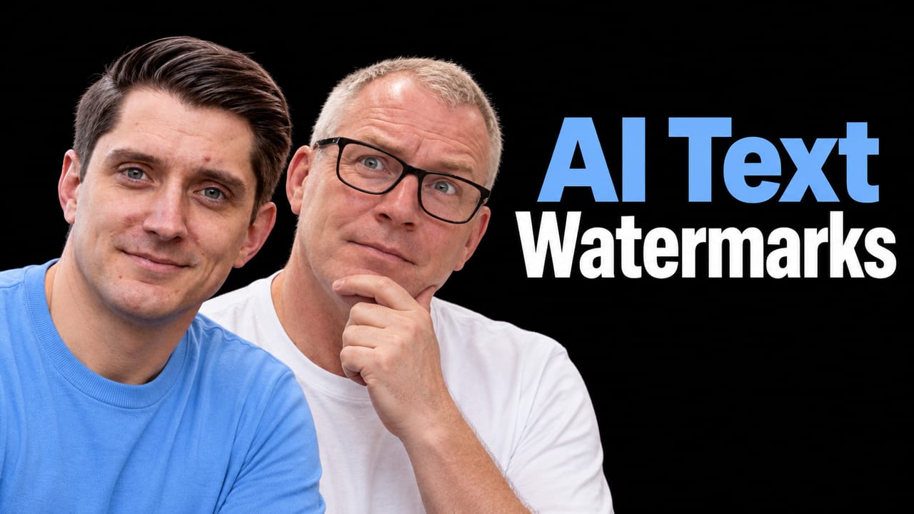 Mike Pound and Sean Riley with the headline AI Text Watermarks in blue and white.