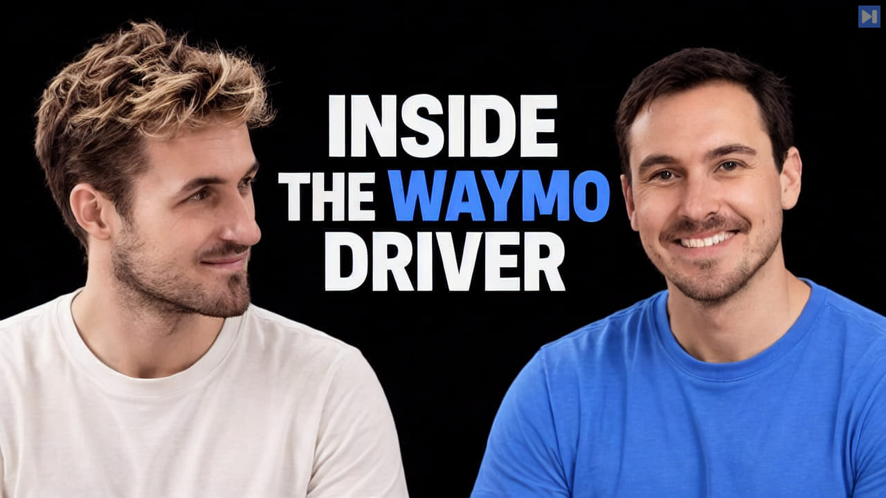 Pierce Freeman and Richard Diehl Martinez in blue and white tops against black, alongside the blue and white headline "INSIDE THE WAYMO DRIVER".