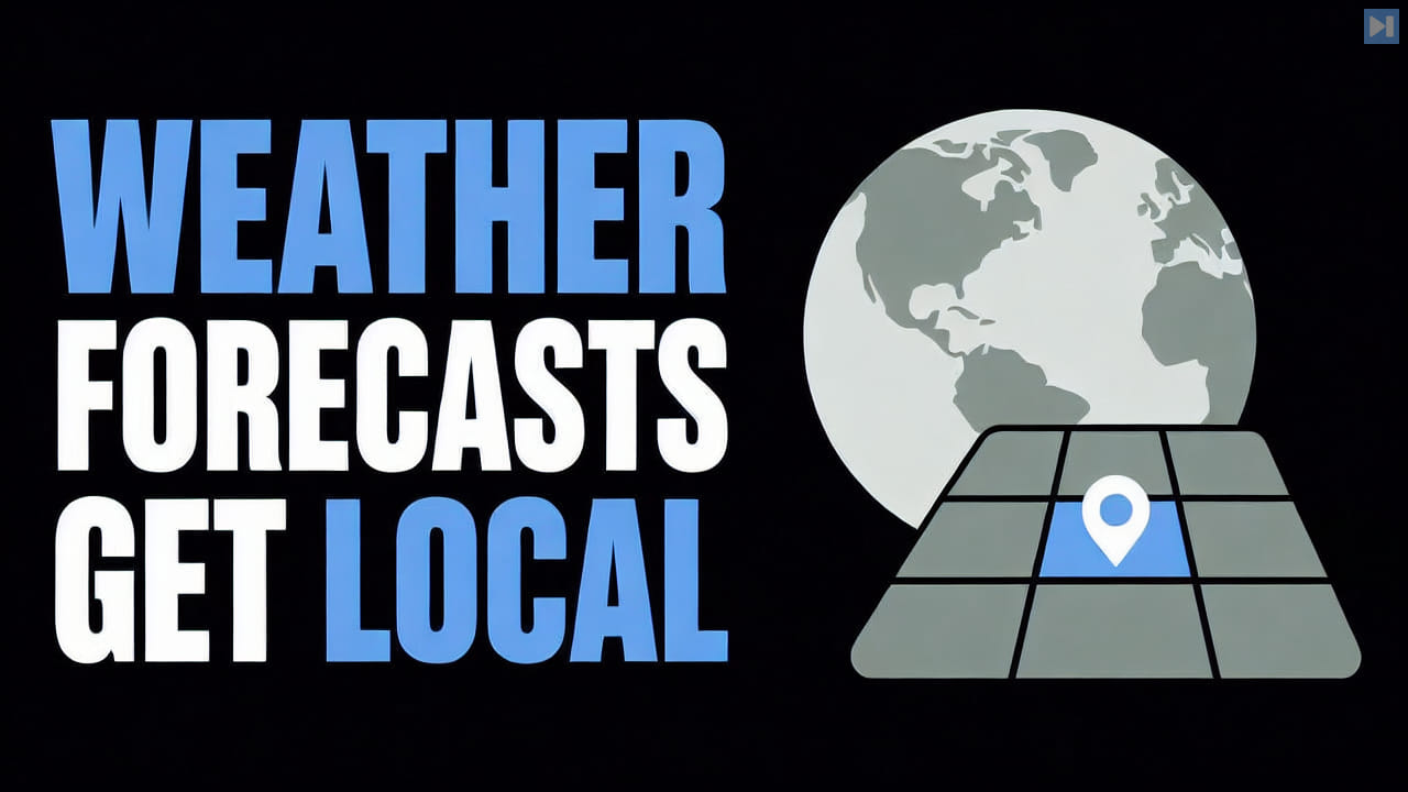 The words Weather Forecasts Get Local beside a flat globe and location-grid illustration