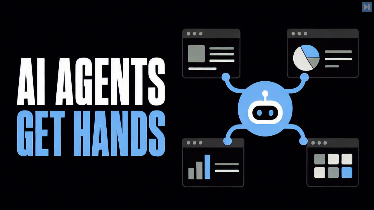 A flat blue AI agent connecting to app panels beside the words AI Agents Get Hands