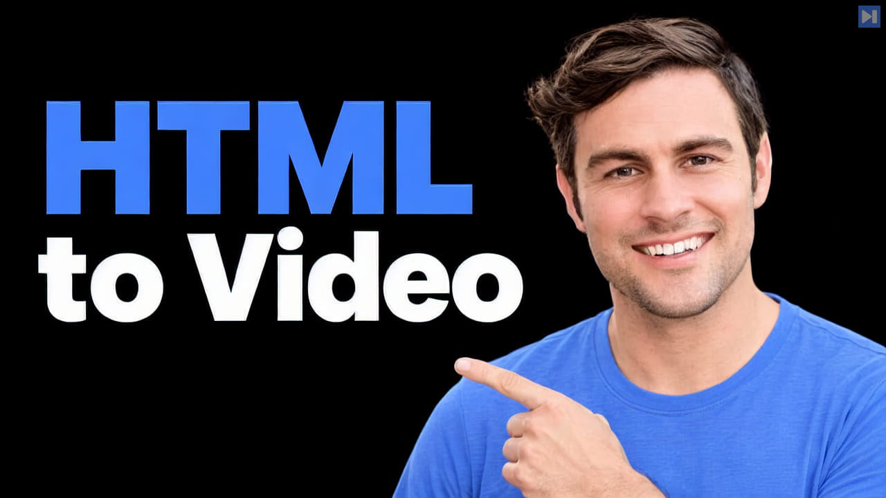 James Russo in a plain blue T-shirt points toward the blue and white headline “HTML to Video” against a black background.