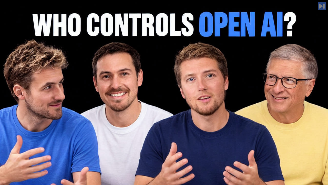 Pierce Freeman, Richard Diehl Martinez, Clement Delangue and Bill Gates in blue, white, navy and yellow tops beneath "WHO CONTROLS OPEN AI?" in white and blue on black.