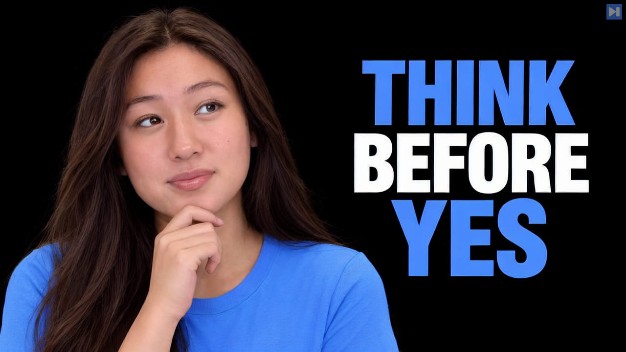 Angel Ortmann Lee thoughtfully touching her chin beside the blue-and-white headline Think Before Yes on a black background.