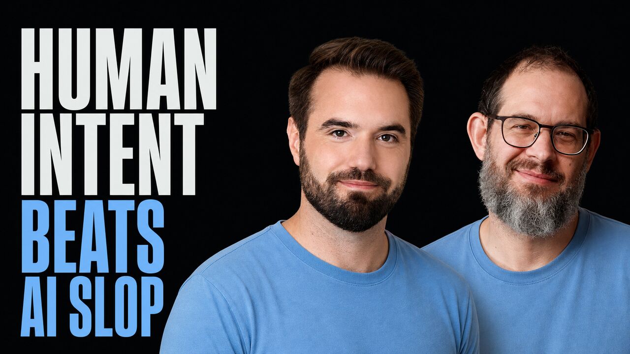 Portraits of Chris Best and Nate B. Jones beside the words Human Intent Beats AI Slop