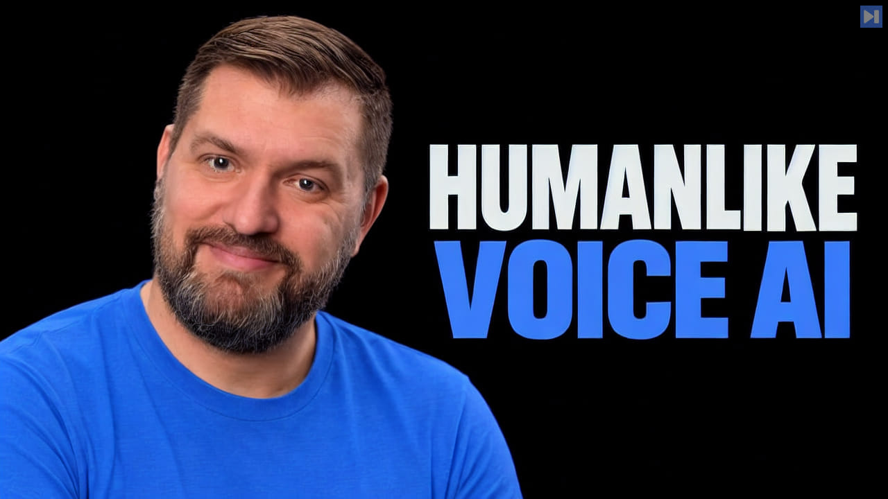 Jesse Hall in a plain blue top against pure black beside the white and blue headline HUMANLIKE VOICE AI.