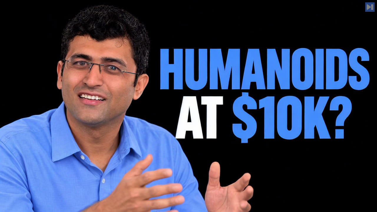 Animesh Garg in an attention-blue shirt on a black background beside the headline ‘HUMANOIDS AT $10K?’.