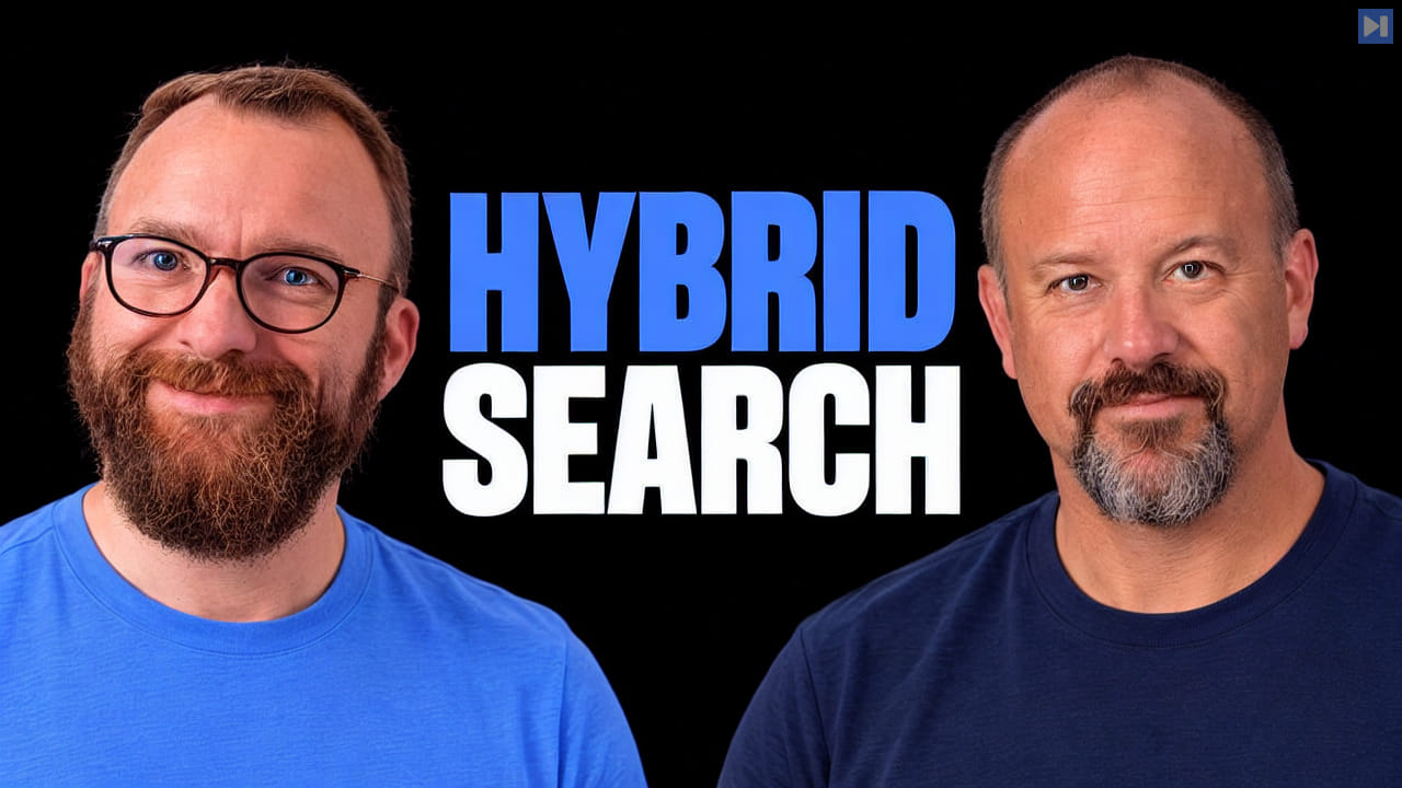 Portraits of Jeff Vestal, James Williams against black with the headline HYBRID SEARCH in attention blue and white.