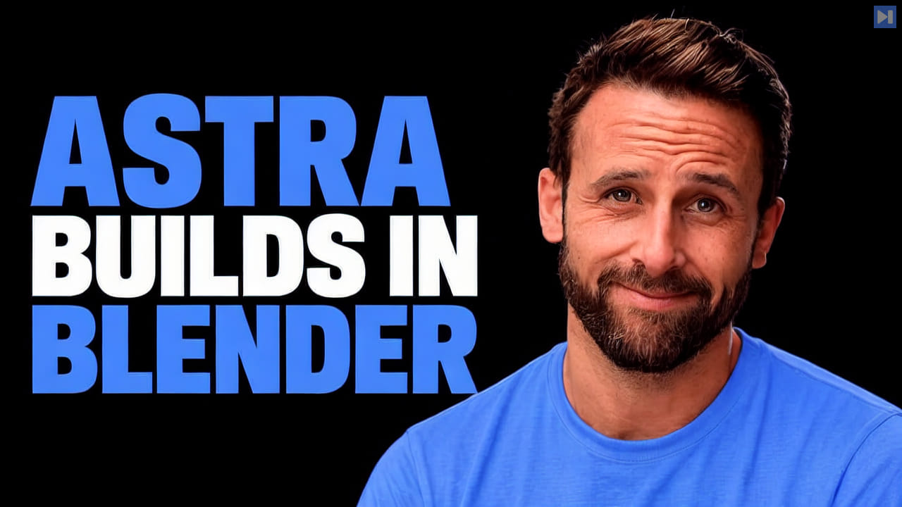 Pat Simmons beside the headline Astra Builds in Blender on a pure black background.
