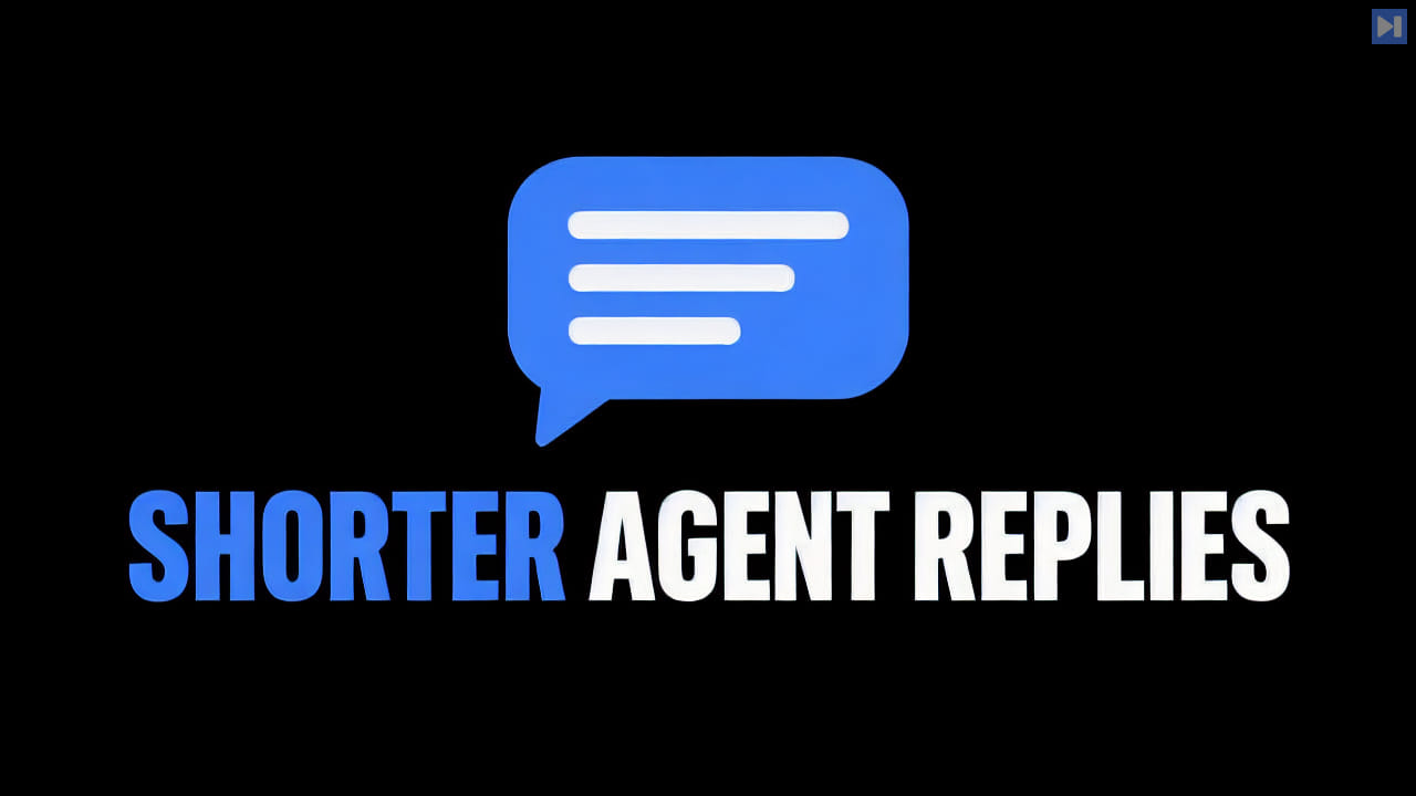 Flat blue speech bubble with three white lines above the blue-and-white headline ‘SHORTER AGENT REPLIES’ on a black background.