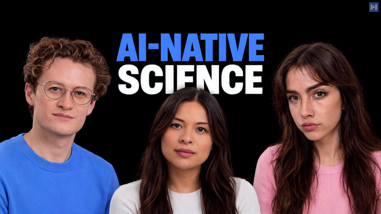 Ian Banks wearing glasses and blue, Sophia Dew in off-white, and Sofia Puccini in pink beneath the blue and white “AI-NATIVE SCIENCE” headline on black.