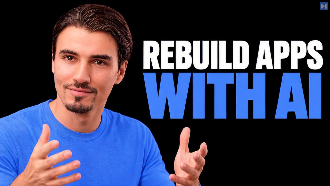 Igor Pogany gestures beside the blue and white headline REBUILD APPS WITH AI on a black background.