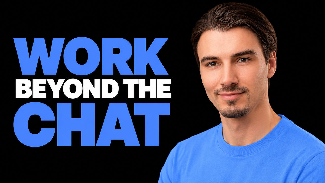 Igor Pogany in a blue top against a black background beside the blue-and-white headline "WORK BEYOND THE CHAT".