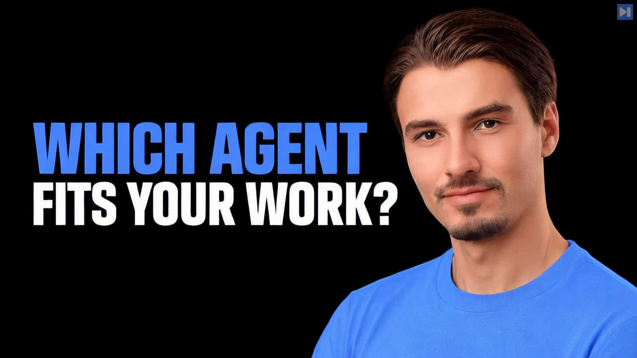 Igor Pogany in a blue top beside the blue and white headline “WHICH AGENT FITS YOUR WORK?” on black.