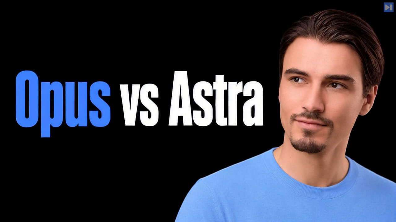 Igor Pogany beside the blue and white headline Opus vs Astra on a black background.
