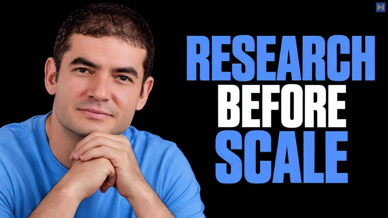 Ilya Sutskever against black beside the blue and white headline “RESEARCH BEFORE SCALE”.