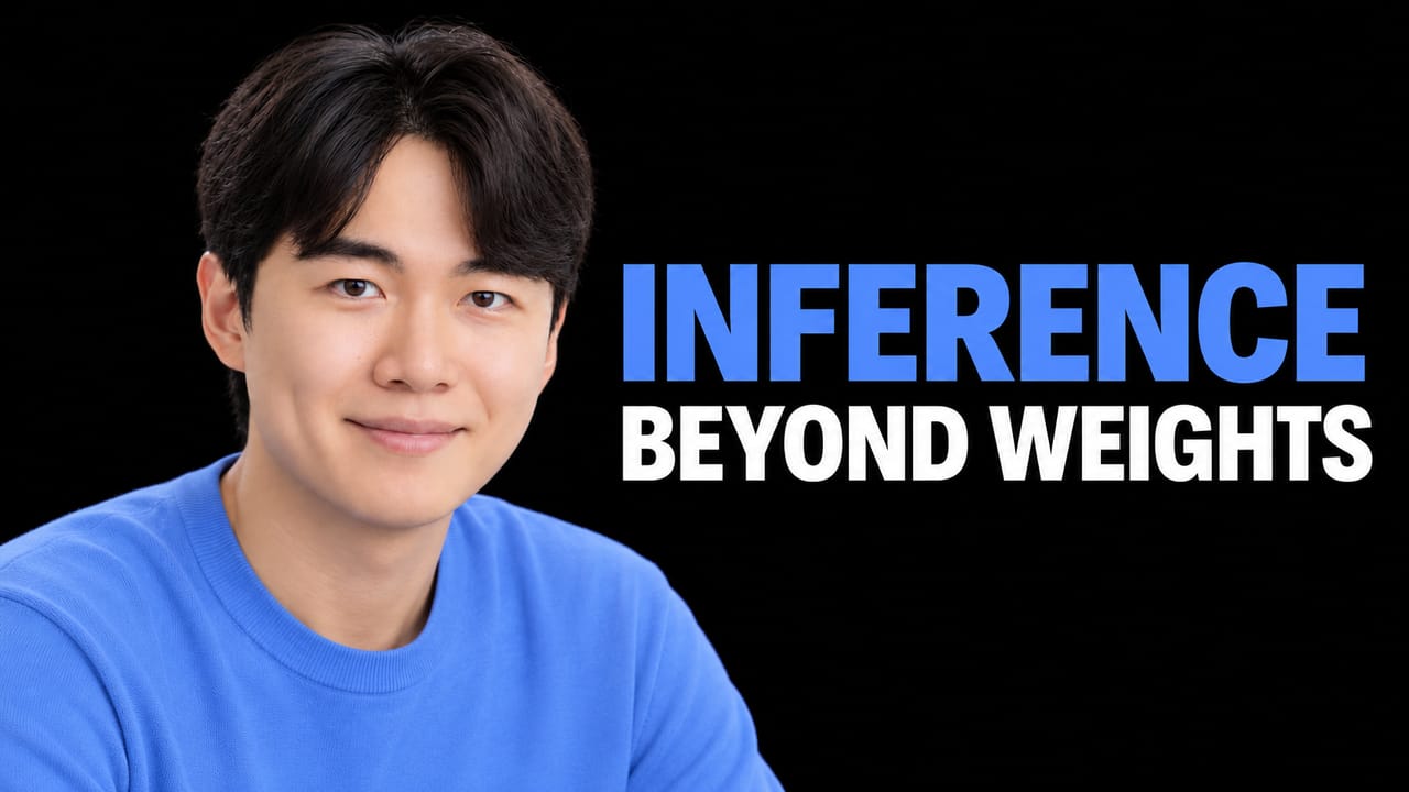 Portrait of Yunmo Koo on a black background with the blue and white headline "INFERENCE BEYOND WEIGHTS".