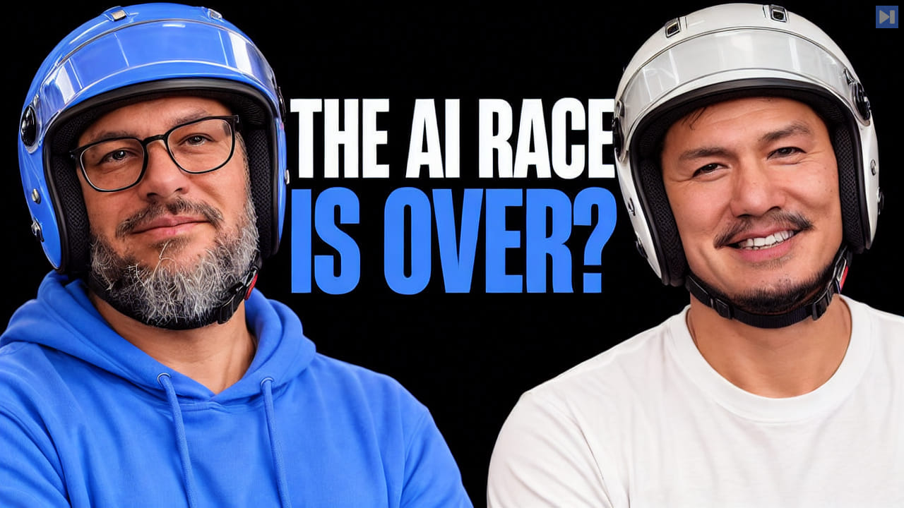 Nate B Jones in an attention-blue hoodie and matching open-face racing helmet stands beside Alvin Wang Graylin in an off-white T-shirt and matching open-face racing helmet, with both faces visible beside the headline The AI Race Is Over? on a pure black background.