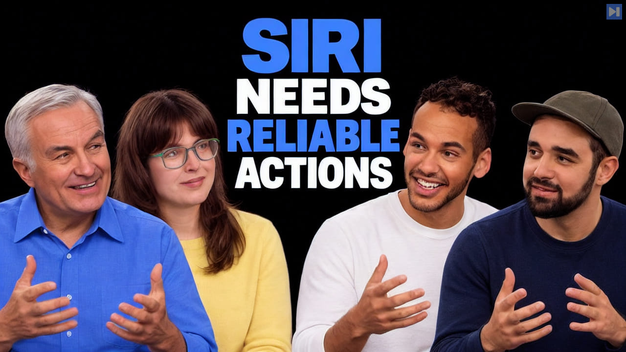 Leo Laporte, Paris Martineau, Mikah Sargent and Matthew Cassinelli beside the headline Siri Needs Reliable Actions on black.