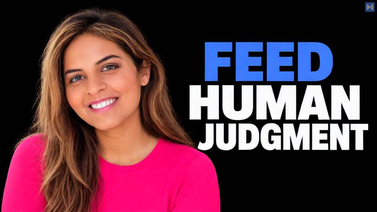 Anekha Sokhal in a pink top beside the blue and white headline "FEED HUMAN JUDGMENT" on black.