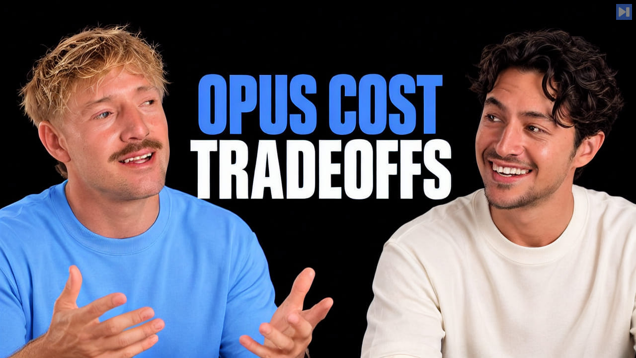 Jack Roberts in blue gestures toward Nick Saraev in an off-white shirt beside the blue-and-white headline “OPUS COST TRADEOFFS” on a black background.