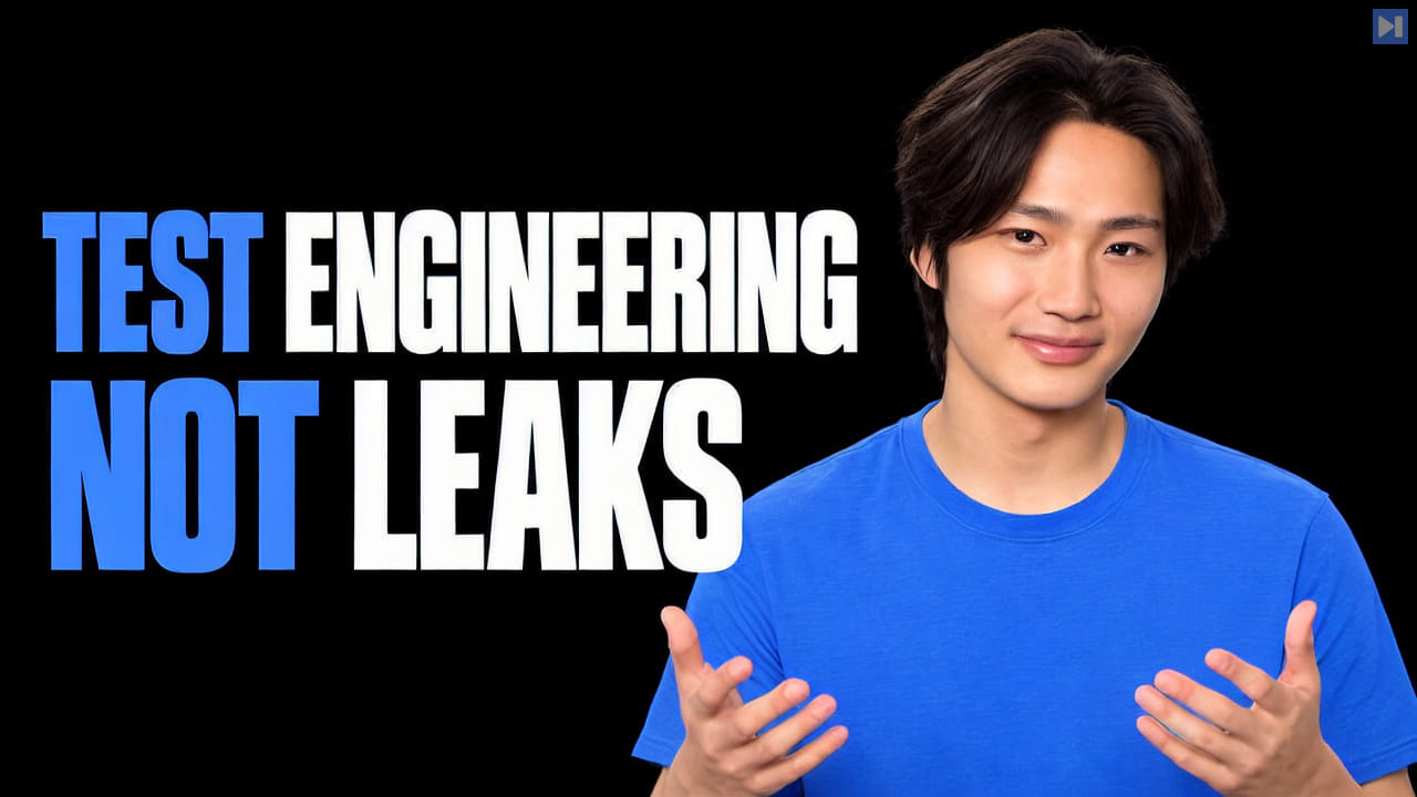 James Shi in a blue top with two open hands beside the blue and white headline 'TEST ENGINEERING NOT LEAKS' on black.