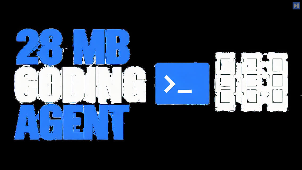 A flat attention-blue terminal block and oversized white memory blocks sit beside the headline 28 MB Coding Agent on a pure black background.