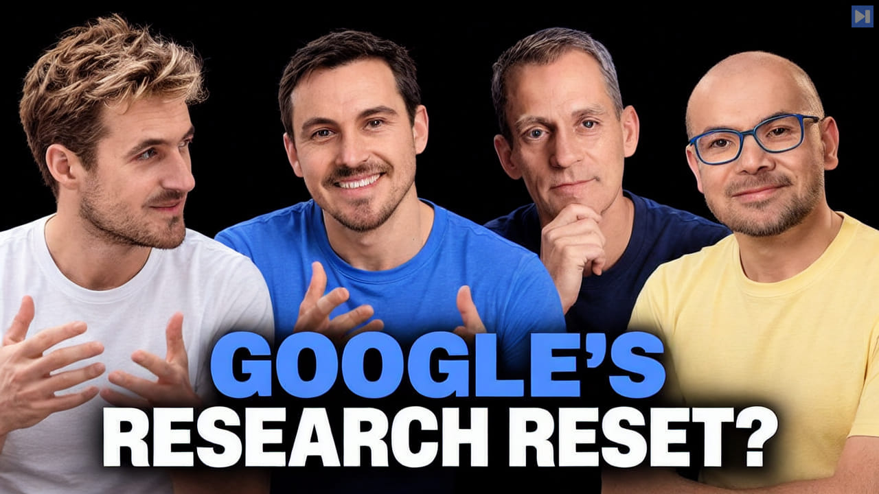 Pierce Freeman, Richard Diehl Martinez, Jeff Dean, Demis Hassabis against black with the blue and white headline "GOOGLE'S RESEARCH RESET?".