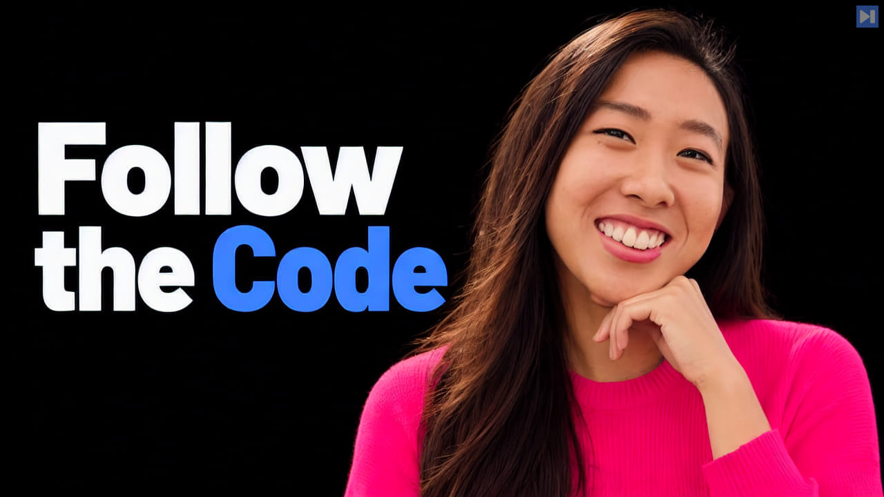 Jess Wang in a pink top rests one hand under her chin beside the white and blue headline Follow the Code on black.