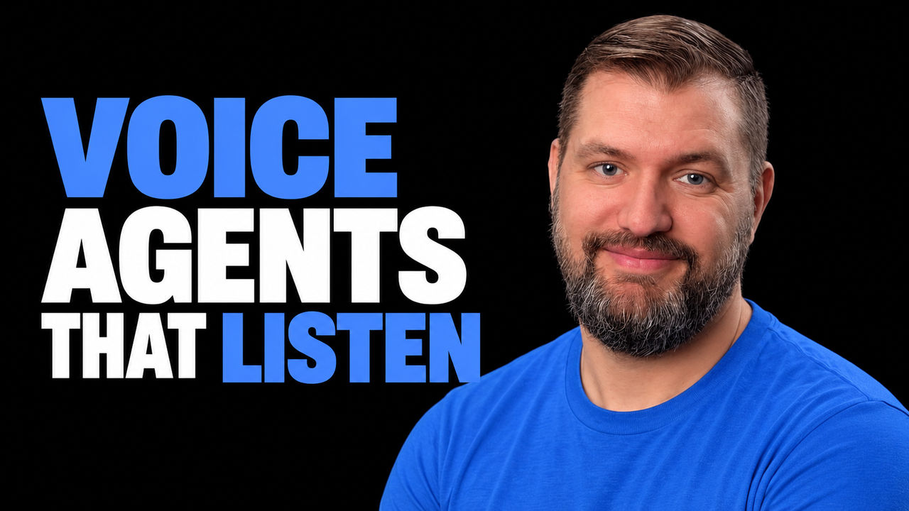 Jesse Hall in a plain blue top against black beside the white and blue headline 'VOICE AGENTS THAT LISTEN'.
