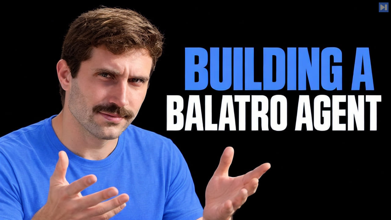 ThePrimeagen in a blue top gestures beside the blue and white headline “Building a Balatro Agent” on black.