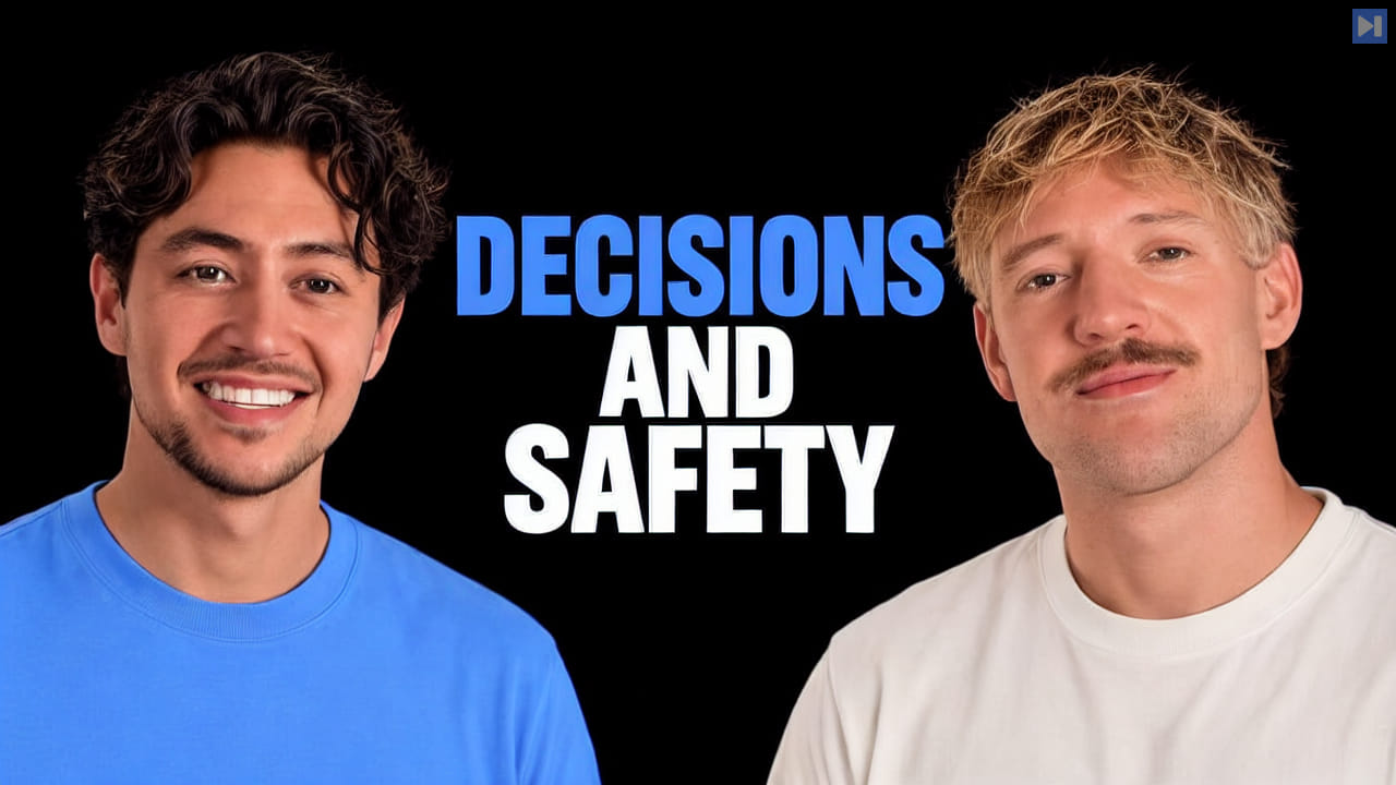 Nick Saraev and Jack Roberts against a black background beside the blue-and-white headline “DECISIONS AND SAFETY”.