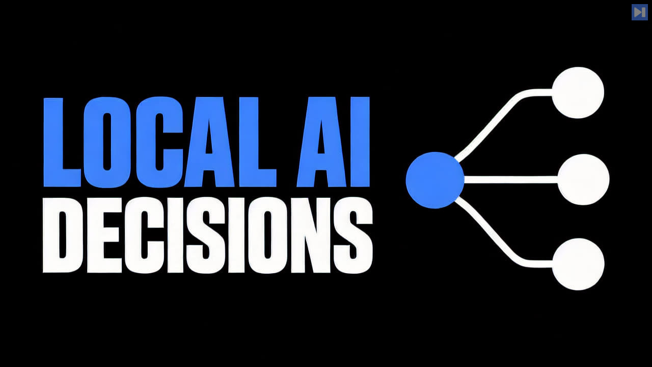 Blue and white headline 'LOCAL AI DECISIONS' beside a blue node branching to three white circles, on black.
