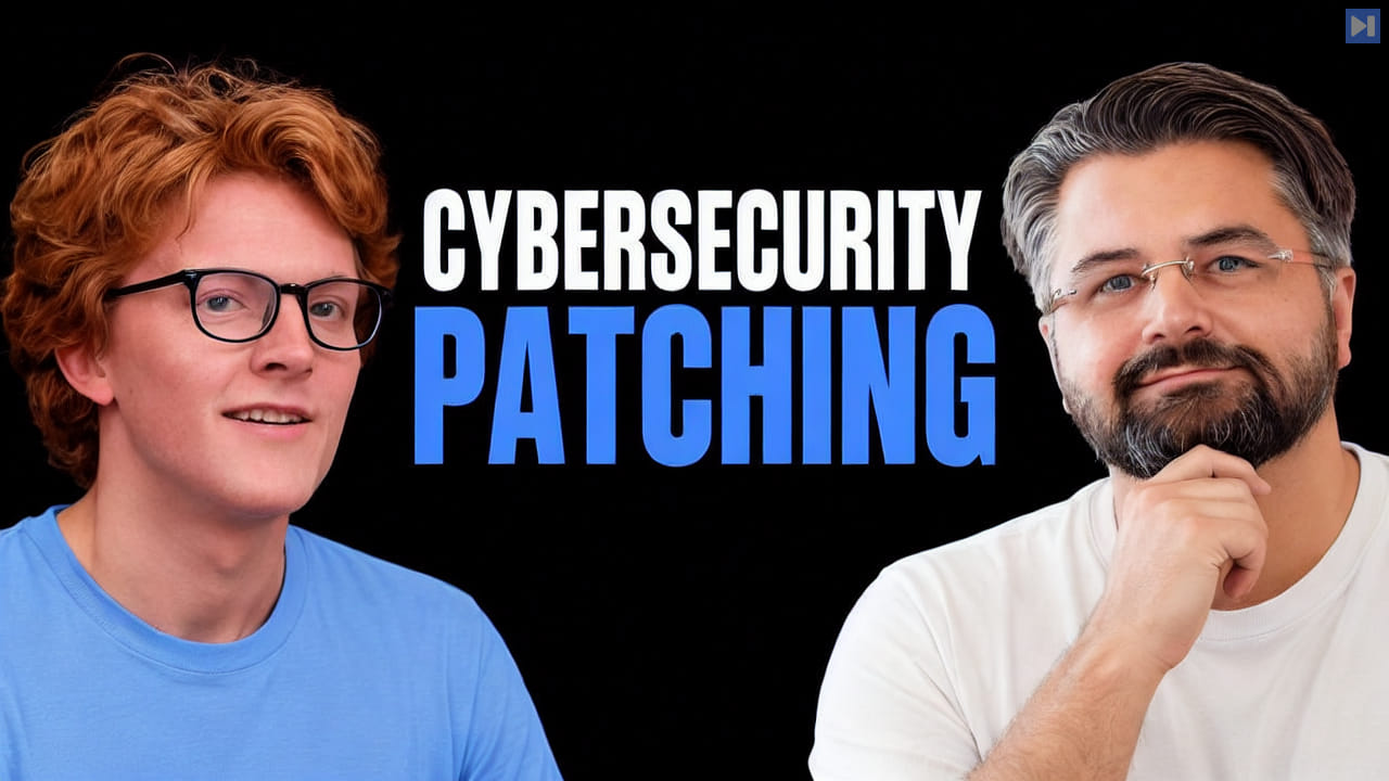 Theo Jaffee and Joel de la Garza beside the words CYBERSECURITY PATCHING on black.