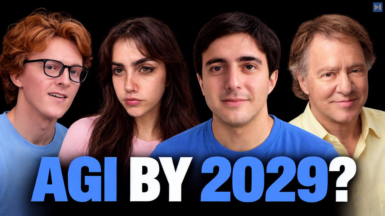 John-Clark Levin, Ray Kurzweil, Theo Jaffee and Sofia Puccini beside the headline AGI by 2029? on black.