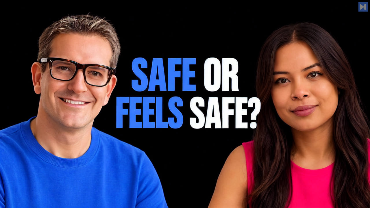 Jonathan Slotkin and Sophia Dew against a black background with the blue-and-white headline "SAFE OR FEELS SAFE?".