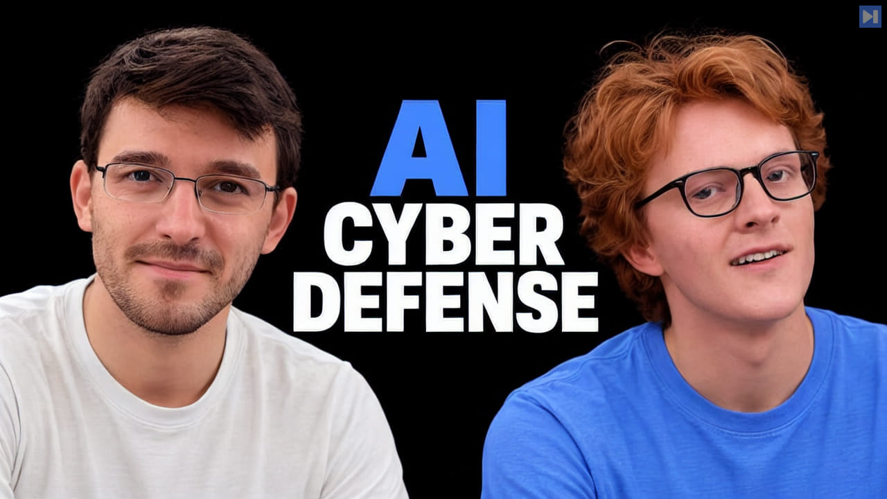 Joshua Achiam and Theo Jaffee against a black background beside the blue-and-white headline “AI CYBER DEFENSE”.