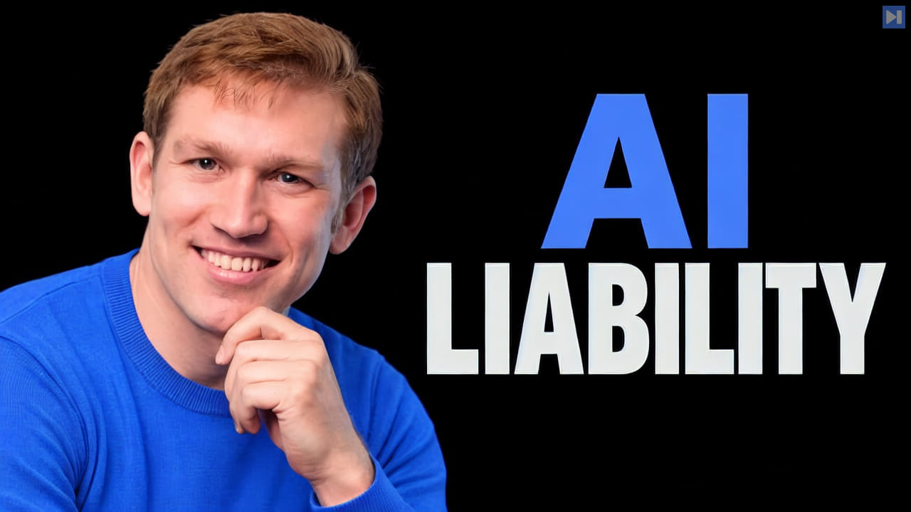 Judge Glock rests a hand at his chin beside the blue and off-white AI LIABILITY headline on black.