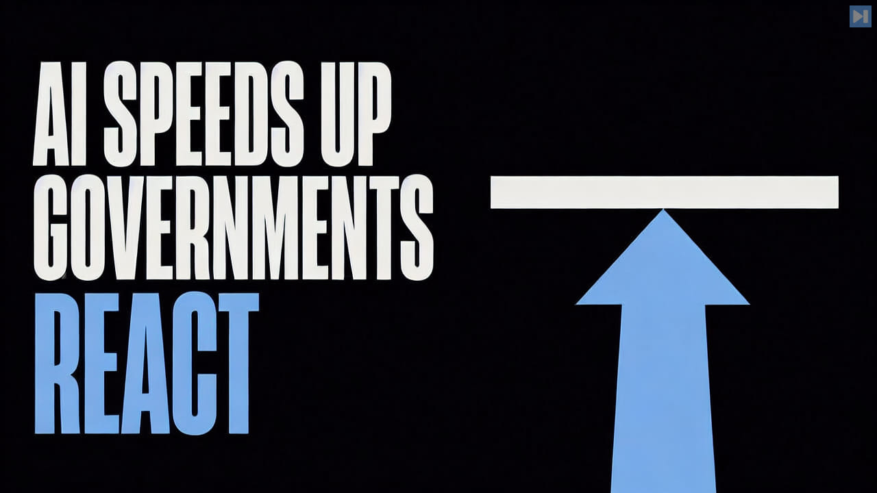 The words AI Speeds Up Governments React beside one blue arrow meeting a barrier