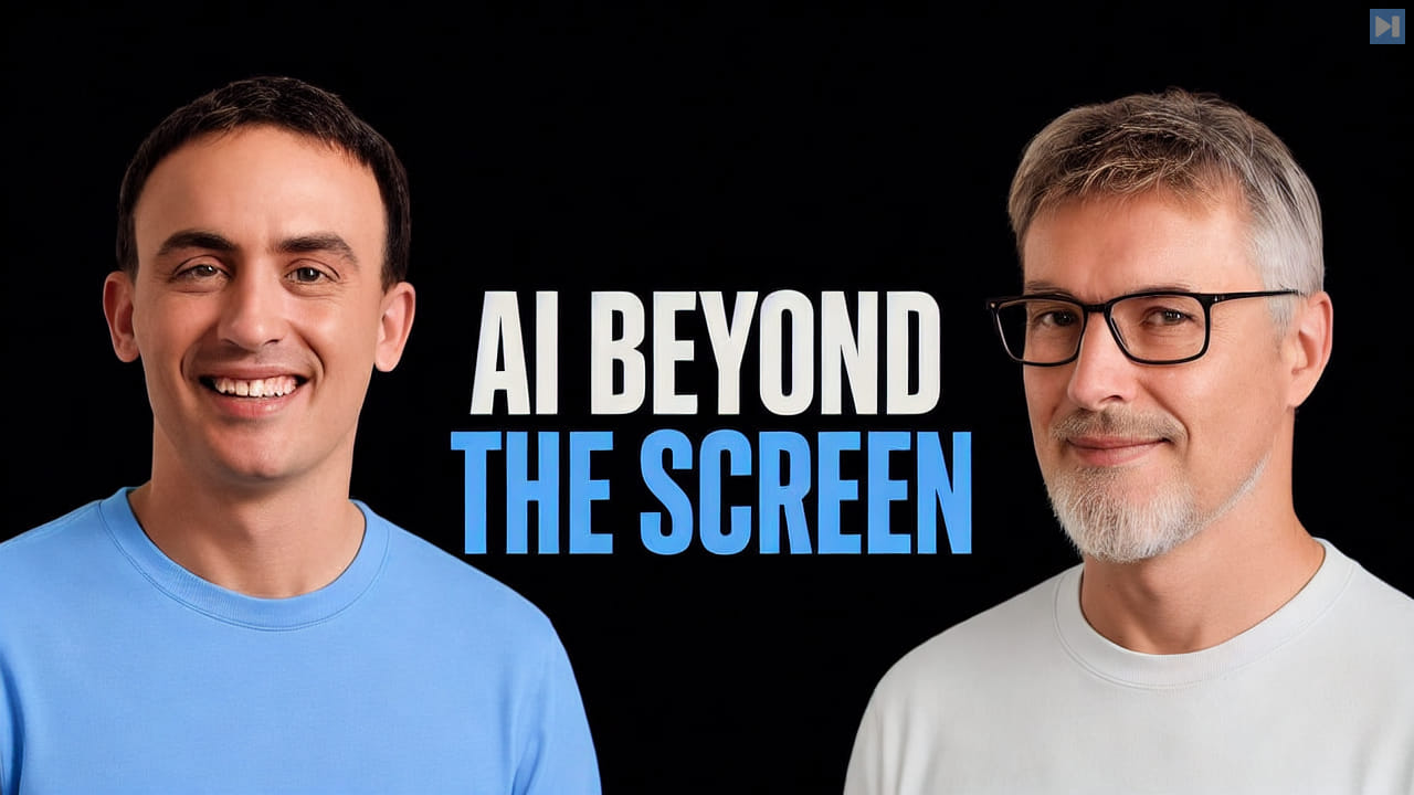 Jacob Effron and Jürgen Schmidhuber beside the words AI Beyond the Screen