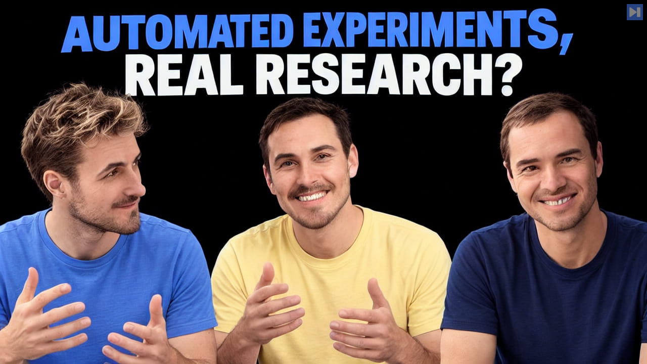 Pierce Freeman, Richard Diehl Martinez, Andrej Karpathy against black with the blue and white headline "AUTOMATED EXPERIMENTS, REAL RESEARCH?".